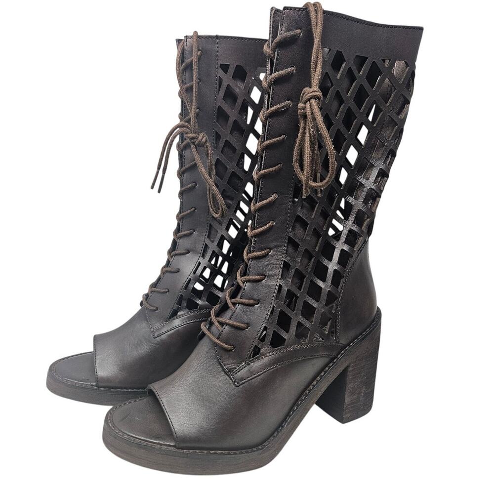 NEW Vintage Foundry Co 6.5 Brown Leather Cage Lace Up Open Toe Boot Boho Goth